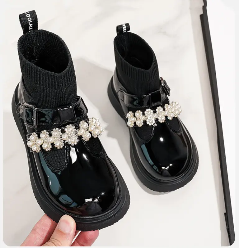 Fashion pearl ankle boots children's baby toddler shoes pvc soft sole 2022 winter girls warm black snow boots
