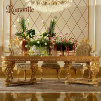Ensemble de table à manger de luxe personnalisé, style européen classique, en bois massif sculpté, doré, 6 places, salle à manger royale, ensemble de meubles haut de gamme