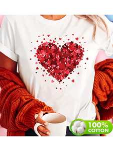 T-Shirt da Donna in Puro Cotone, Vestibilità Regolare, Manica Corta, Collo Tondo, Stampa Cuore Grande, Casual, Primavera-Estate, Tessuto Lavorato a Maglia - Product Image 3