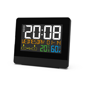Modern Desk <span class=keywords><strong>Clock</strong></span> Digital com <span class=keywords><strong>Display</strong></span> <span class=keywords><strong>LCD</strong></span> Colorido Carregamento USB Temperatura Interior e Umidade Movimento Eletrônico Amostra Grátis - Product Image 6