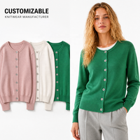 Damen Strickjacke mit Knopfleiste, Rundhalsausschnitt, Langen Ärmeln und Geripptem Saum in Einfarbigem Grün