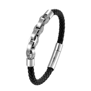 Fashionable Mens Multi-Layer Braided <b>Leather</b> <b>Bracelet</b> With Stainless Steel Chain | Genuine <b>Leather</b> Wristband With Magnetic Clasp - Product Image 5