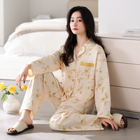 Fabricant de pyjamas en tricot à manches longues en coton pour femmes, vêtements de nuit personnalisés grande taille avec nœud en dentelle respirant pour le printemps et l'automne