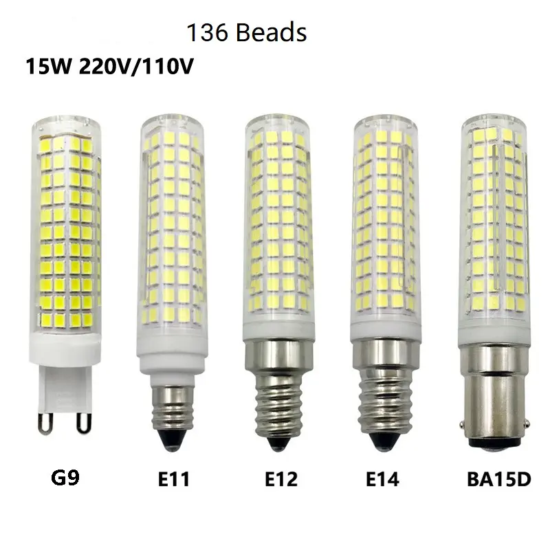 Lampu LED bohlam G9 E11 E12 E14 BA15D, bohlam LED keramik layar tinggi 136 manik-manik kecerahan tinggi 15W