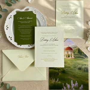 Invitation de <span class=keywords><strong>mariage</strong></span> 3D gaufrée avec bordure de roses, suite d'invitations vert olive pour jardin, cartes d'invitation de luxe <span class=keywords><strong>en</strong></span> papier spécial avec dorure à chaud - Product Image 4