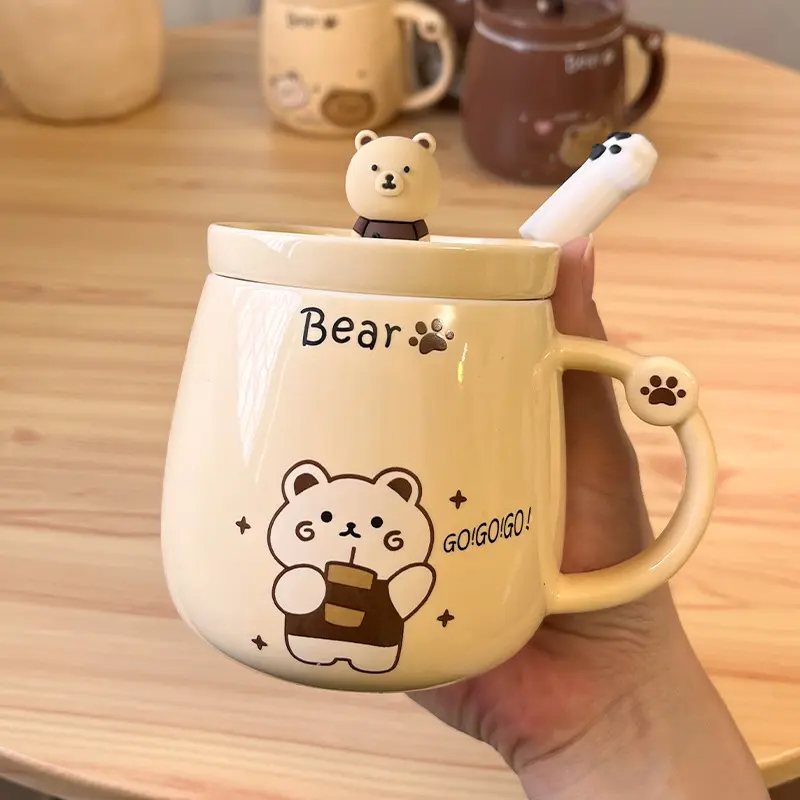 Marrone beige ceramica cartone animato orso tazza da caffè con cucchiaio e scatola regalo set