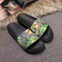 Sandales plates de vacances en cuir véritable à imprimé floral pour couples, sandales de plage d'été, tongs plates de luxe de créateur