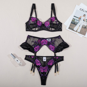 Deep Love Embroidered <strong>Rose</strong> Sexy Lingerie Purple Flowers See Through <strong>Bra</strong> With Wide Straps Set