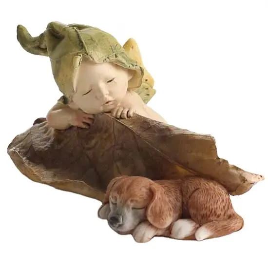 Miniatura dormir bebê com estatueta de filhote de cachorro, de resina criativa, estatueta de criança pequena arte esculturas para decoração de casa