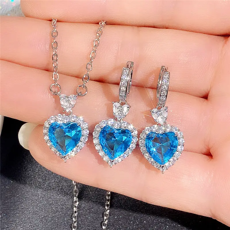 Delicate Blauwe Kristallen Hartvormige Zirkoon Ringen Voor Vrouwen Glanzende Diamant Liefde Druppel Oorbel Glitter Robijn Edelsteen Hanger