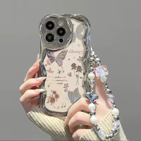 Coque de téléphone portable en TPU antichoc avec bracelet pour iPhone 16 Pro 15 14, motif de dessin animé mignon de fleurs et de papillons, fabriquée par BAILI