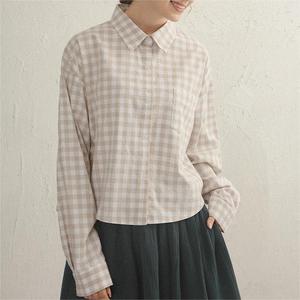 OEM Casual manica lunga girocollo Vintage top camicette all'ingrosso su misura <span class=keywords><strong>di</strong></span> cotone <span class=keywords><strong>lino</strong></span> <span class=keywords><strong>femminile</strong></span> camicie per donna Plaid - Product Image 3