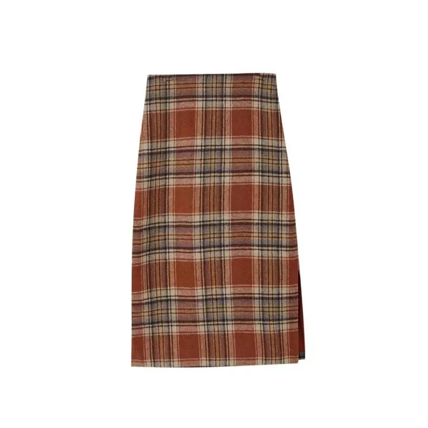 Autumn and winter 2023 new style, tangerine plaid wool medium long thin slit one step package hip skirt
