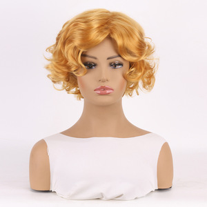 Peluca Retro estilo <span class=keywords><strong>Marilyn</strong></span> <span class=keywords><strong>Monroe</strong></span>, rubia dorada esponjosa, rizos cortos, hecha a máquina, pelo sintético resistente al calor, completa - Product Image 1