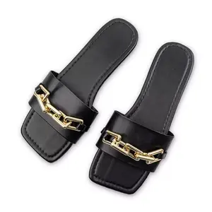 2024 Ladies Pu Leather Sandals Women Summer Slippers Fashion Pu Slides Elegant Flat Slides Sandals For Girls