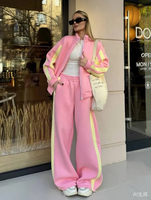 Produsen Pakaian Custom Baggy Casual Streetwear Heavyweight pink Cotton Fleece Zipper Tracksuit Wanita 2 Potong Set