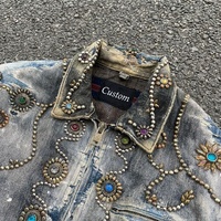 Blouson cargo en jean pour homme, personnalisé, épais, vintage, brodé de strass et cristaux, style designer, vêtement technique d'extérieur, effet vieilli
