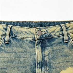 Shorts en jean vintage délavé pour homme, teinte jaune, style charpentier, ourlet brut, streetwear, patchwork délavé, jorts - Product Image 4