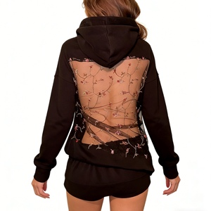 เสื้อฮู้ดผ้าตาข่ายรัดเชือกหลังเปลือยสีพื้นสำหรับผู้หญิง คอลเลคชั่นใหม่ประจำฤดูใบไม้ร่วง/ฤดูหนาว แฟชั่น - Product Image 4