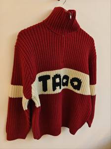 เสื้อสเวตเตอร์ถักซิปสั้นลำลองทรงหนาสไตล์วินเทจเบอร์กันดีพร้อมโลโก้ด้านหน้า - Product Image 2