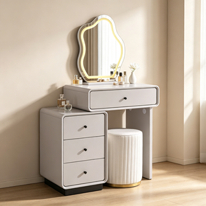 Ensemble de coiffeuse extensible gris clair avec miroir LED ondulé irrégulier, commode latérale, base verticale cannelée dorée et tabouret pour chambre à coucher - Product Image 6