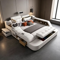 Lit intelligent multifonctionnel en cuir Tatami avec fonction massage, projecteur, haut-parleur Bluetooth, rangement, lit king size