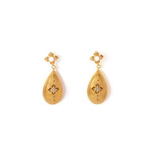Boucles d'oreilles pendantes tendance en acier inoxydable 316L plaqué or PVD, design goutte d'eau durable et résistant avec perle et cristal - Product Image 2