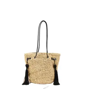 cheap and fashion fancy bucket style handmade natural crochet straw beach bag tote