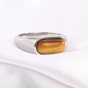 Anel de aço inoxidável com pedra preciosa, anel de signet de tigre oval, anel de aventurina verde, lapislazuli, anel de pedra natural para mulheres - Product Image 2