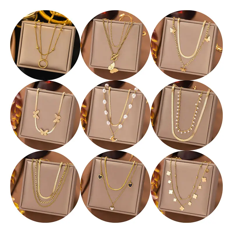 Nuova collana in oro Vintage a catena cubana multistrato in acciaio inossidabile con ciondolo a forma di farfalla con monete di perle per collana da donna