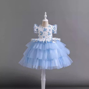 Vestido de Princesa para Niñas, Cuello en V, Tul en Capas, Corte en A, Vestido Formal para Niña de las Flores, Rosa, Rojo, Azul, Amarillo, W8065 - Product Image 3