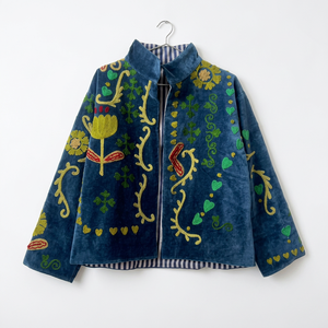 Vintage <b>Navy</b> Velvet Floral Embroidered Suzani <b>Jacket</b> With Animal Pattern Full Sleeve Stand Collar Bohemian <b>Women</b> Winter Coat - Product Image 1