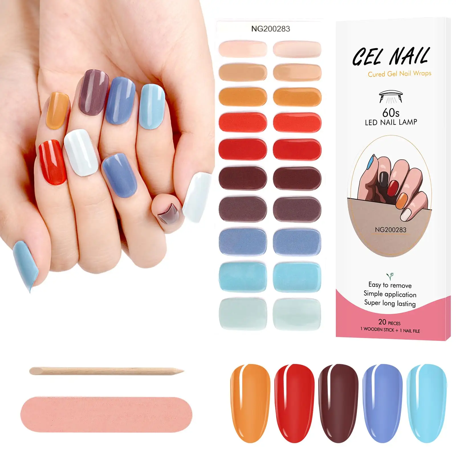 Colorful Style Semi Cured Gel Nail Wraps Long Lasting Gel Nail Stickers With Mini Lamp