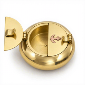 Brass Nautical <b>Ashtray</b> with Anchor Emblem Round Hinged Lid Polished Brass Finish Copper Anchor Detail Dual Hinged Cover - Product Image 3