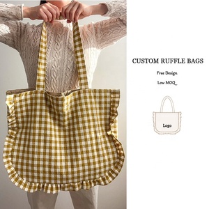 Tùy chỉnh Ruffle vai lớn túi kẻ sọc mô hình lớn Shopper túi cao cấp bông vải mua sắm Tote Túi với nhãn Logo - Product Image 1