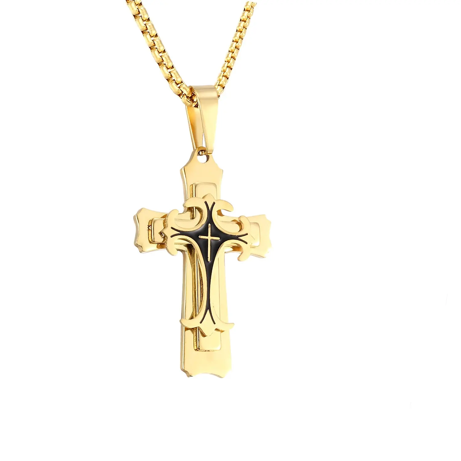 Factory Jewelry Gold Plated Three Layered Catholic Christian Church Prayers Stainless Steel Men Necklace Cross Pendant