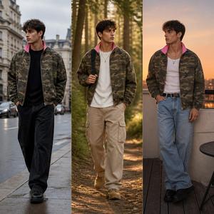 Blouson Bomber Homme Vintage Réversible en <span class=keywords><strong>Polaire</strong></span> <span class=keywords><strong>Polaire</strong></span> <span class=keywords><strong>Camouflage</strong></span> Woodland Col Montant Double Fermeture Éclair Poignets et Ourlet Côtelés Poches Rembourrage Épais - Product Image 3