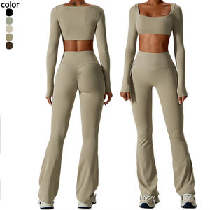 للبيع بالجملة من الشركة المصنعة بدلات رياضية فارغة لياقة بدنية OEM للنساء ملابس رياضية علوية مكشوفة على المؤخرة سراويل يوغا أطقم صالات رياضية للنساء - Product Image 2