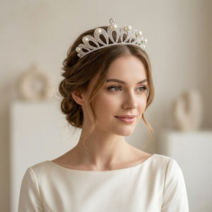 Diadème de Mariage Traditionnel en Perles Royales, Couronne Scintillante en Strass Argentés, Coiffe de Mariée Sophistiquée à Arche pour Occasions Spéciales - Product Image 1
