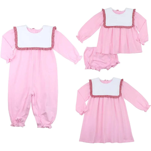 Monogrammed Valentinstag Mädchen Outfit Lätzchen Rüschen Kragen Rosa Baumwolle Baby Mädchen Stram pler Kleinkind Bloomer Set Kleine Mädchen Kleider - Product Image 1