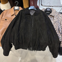 Veste en cuir véritable de mouton à ourlet élastique pour femme, veste bomber en daim véritable surdimensionnée, automne