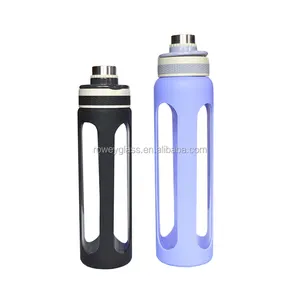 Custom 1000 ml reusable silicone sleeve luxury water bottle glass sport water bottle container with flip