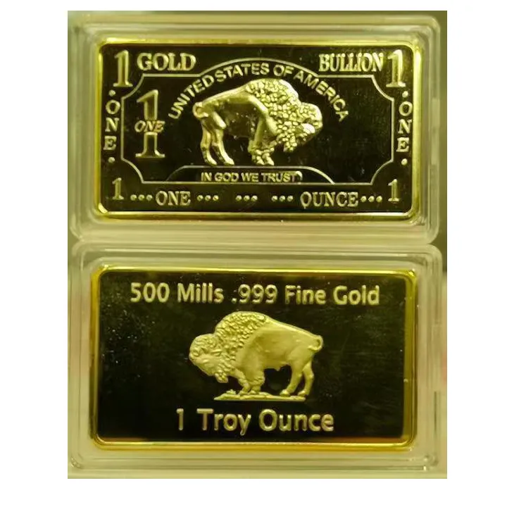 1 oz 500 değirmen. 999 İnce saf altın kaplama pirinç Buffalo külçe Bar A140P500MILL