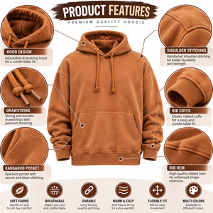 Sweat à capuche oversize pour homme, couleur unie, en molleton, décontracté, pour l'automne, assorti à un pantalon en velours côtelé marron 100% coton - Product Image 5