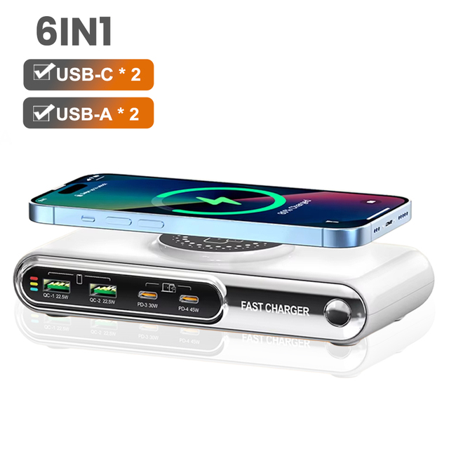 EONLINE 6 in 1 Wireless Charging Station USB PD 45W 45W Multi Ports GaN Fast Charger with LED Light for Phones Tablets Laptops