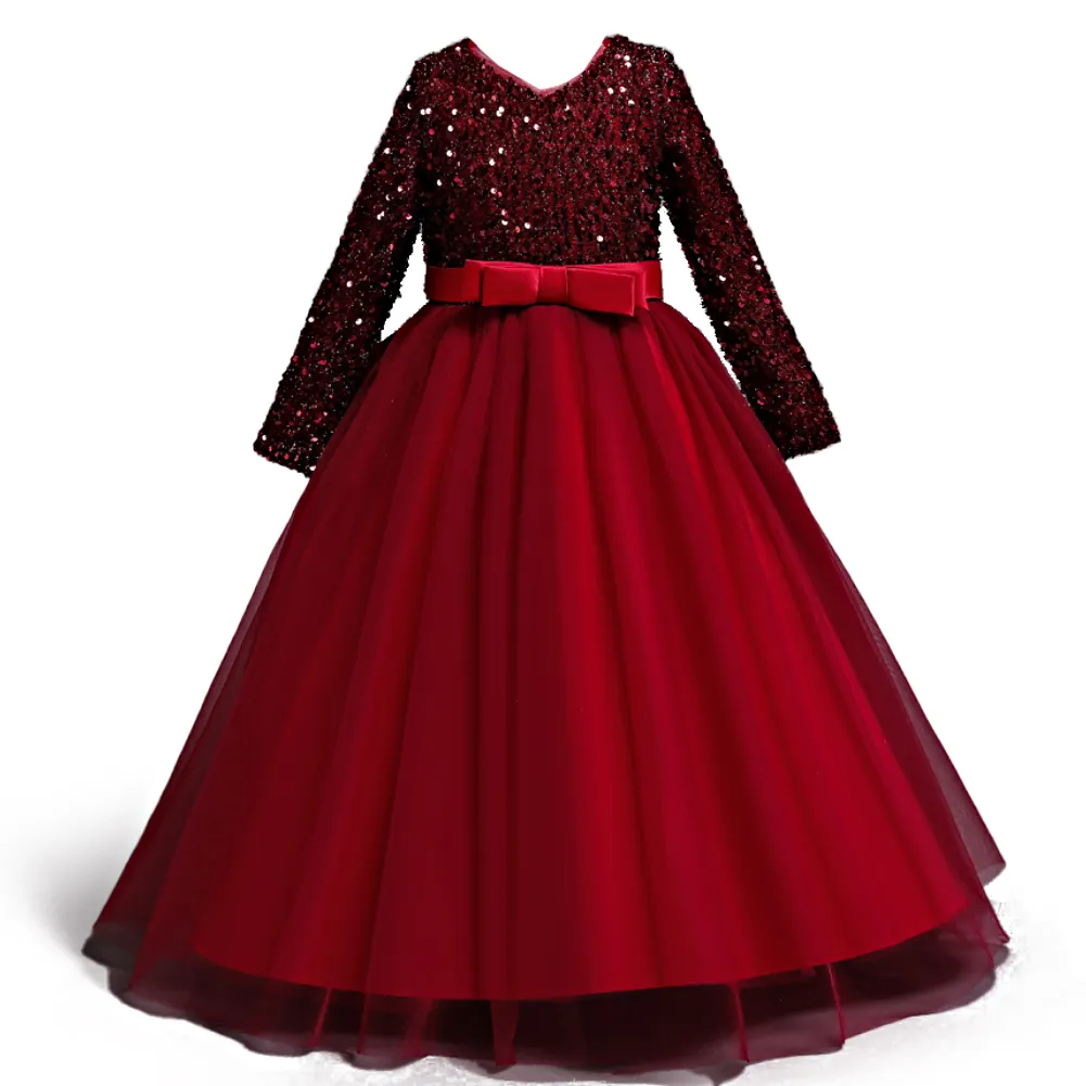 New Sequin princess dress kid red wedding gown for dresses for girls of 10 year old long sleeve one piece girls party dresses