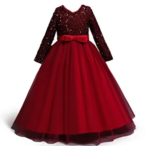 New Sequin Princess Dress Kid Red Wedding Gown For Dresses For Girls Of 10 Year Old Long Sleeve 1 Piece Girls Party Dresses