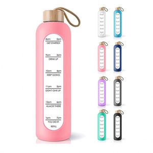 Bouteille d'eau en verre de 1 L avec marqueur de temps pour la motivation, écologique, avec couvercle en bambou, 32 oz, pour le sport, inspirée de l'Aquarius - Product Image 2