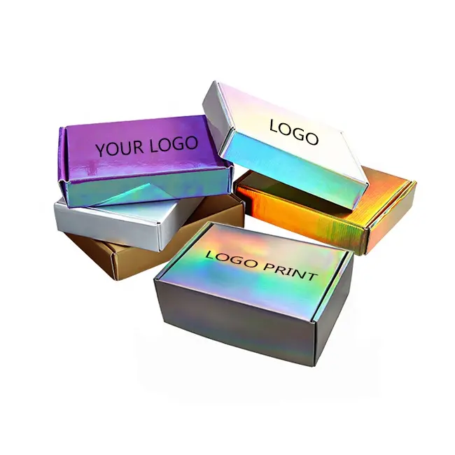 custom logo print cosmetic clothing gift rainbow hologram boxes gold silver rose gold corrugated paper holographic shipping box