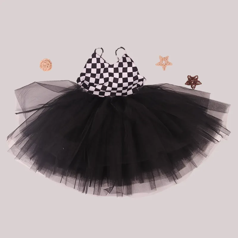New Style Milch Seide Baby Kleid Schwarz-Weiß Kariertes Muster Mädchen Tutu Dress Up Für Mädchen 5 Bis 10 Jahre
